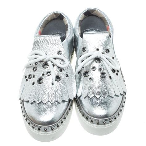 kiltie fringe detail slip on sneakers metallic silver leather